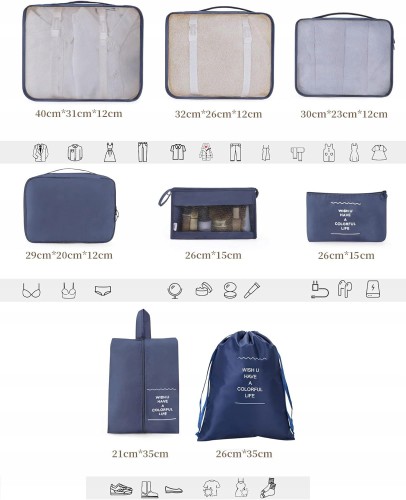 Torby podróżne organizery saszetki do walizki plecaka na ubrania buty pranie bieliznę ładowarki 8 szt