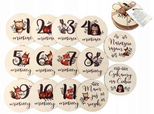 Tabliczki karty do zdjęć drewniane z miesiącami Pierwszy rok życia do sesji na prezent 14 szt