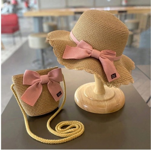 Kapelusz słomkowy letni plażowy na gumce + torebka dla dziewczynki