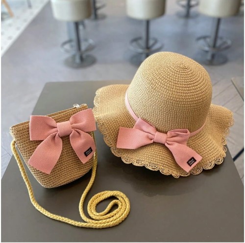 Kapelusz słomkowy letni plażowy na gumce + torebka dla dziewczynki