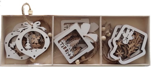 Ozdoby na choinkę bombki zawieszki drewniane choinkowe 9 szt.