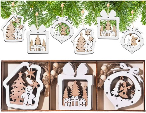 Ozdoby na choinkę bombki zawieszki drewniane choinkowe 9 szt.