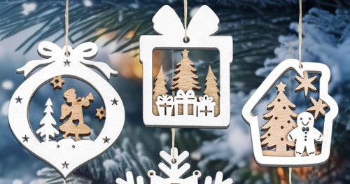 Ozdoby na choinkę bombki zawieszki drewniane choinkowe 9 szt.