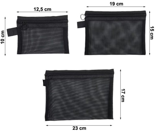 Zestaw 3 czarnych kosmetyczek S/M/L – saszetki nylonowe na zamek
