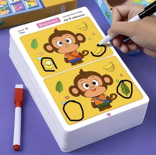 Karty edukacyjne montessori dla dzieci „Znajdź różnice” – 32 arkusze, 3 poziomy