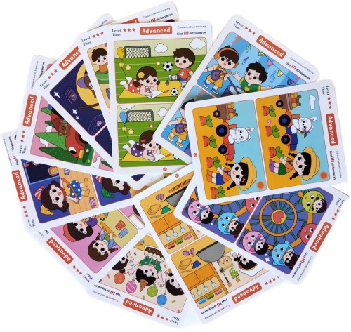 Karty edukacyjne montessori dla dzieci „Znajdź różnice” – 32 arkusze, 3 poziomy