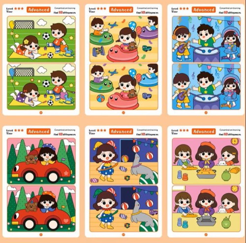 Karty edukacyjne montessori dla dzieci „Znajdź różnice” – 32 arkusze, 3 poziomy