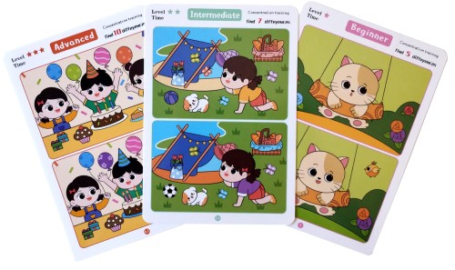Karty edukacyjne montessori dla dzieci „Znajdź różnice” – 32 arkusze, 3 poziomy