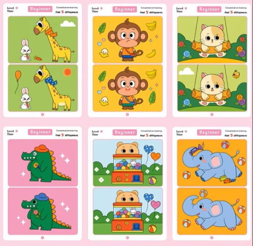 Karty edukacyjne montessori dla dzieci „Znajdź różnice” – 32 arkusze, 3 poziomy