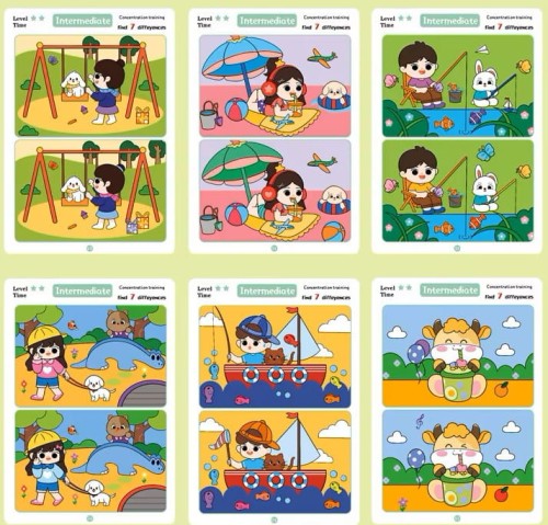 Karty edukacyjne montessori dla dzieci „Znajdź różnice” – 32 arkusze, 3 poziomy