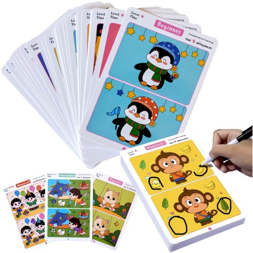 Karty edukacyjne montessori dla dzieci „Znajdź różnice” – 32 arkusze, 3 poziomy