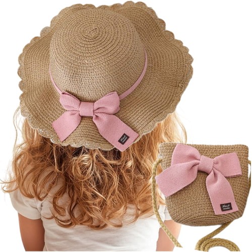 Kapelusz słomkowy letni plażowy na gumce + torebka dla dziewczynki