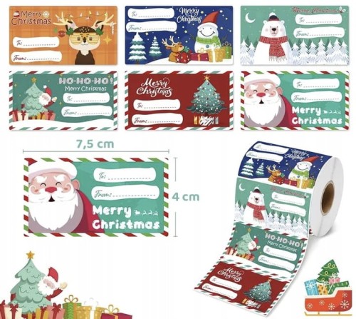 Naklejki świąteczne na rolce 200 szt.  „Merry Christmas” – 6 wzorów