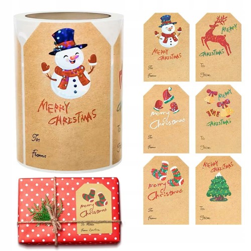 Naklejki świąteczne na rolce 200 sztuk - brokatowe etykiety eco „Merry Christmas” – 6 wzorów