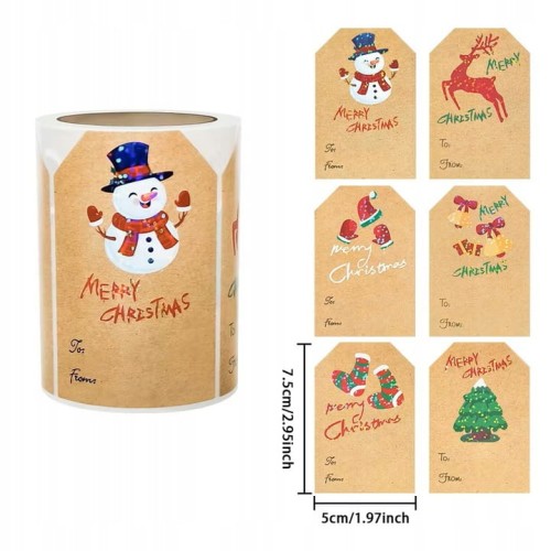 Naklejki świąteczne na rolce 200 sztuk - brokatowe etykiety eco „Merry Christmas” – 6 wzorów