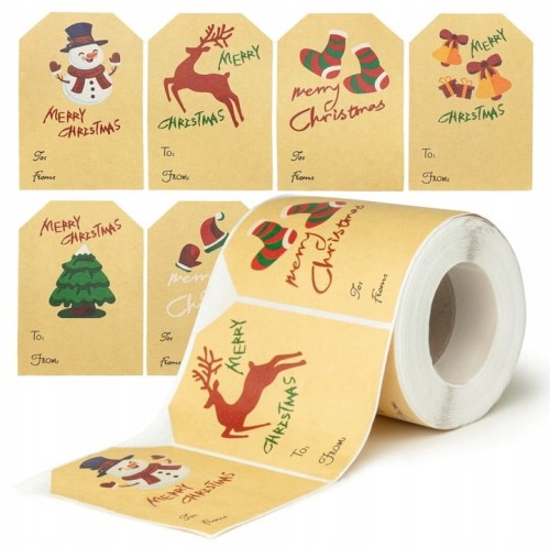 Naklejki świąteczne na rolce 200 sztuk - brokatowe etykiety eco „Merry Christmas” – 6 wzorów