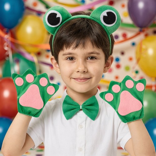 Strój Żabki dla dzieci – opaska z oczkami muszka i łapki