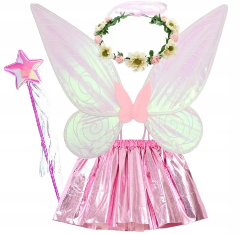 Strój wróżki motylka elfa dla dzieci – skrzydła, opaska, różdżka i spódniczka