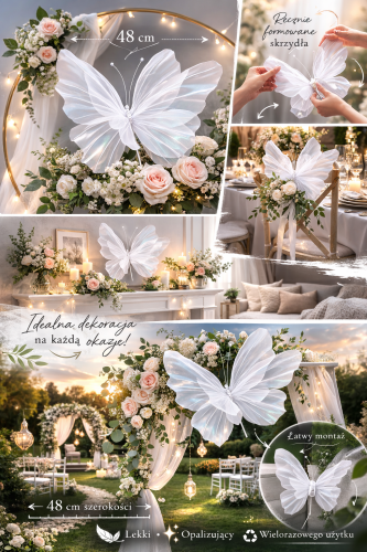 Duży Sztuczny Motyl 48 cm – Dekoracja Opalizująca na Komunię Ślub Wesele, Ogród i Sesje Zdjęciowe