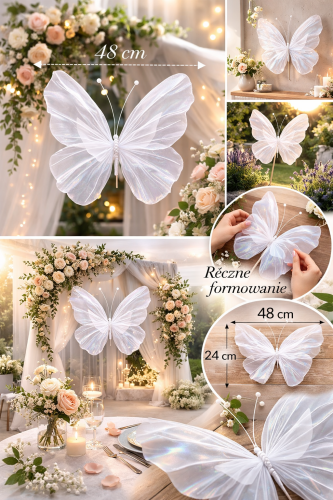 Duży Sztuczny Motyl 48 cm – Dekoracja Opalizująca na Komunię Ślub Wesele, Ogród i Sesje Zdjęciowe