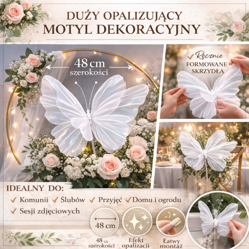 Duży Sztuczny Motyl 48 cm – Dekoracja Opalizująca na Komunię Ślub Wesele, Ogród i Sesje Zdjęciowe