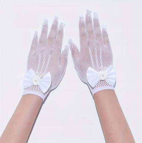 Rękawiczki Komunijne Białe Ażurowe dla Dziewczynki z Kokardką – Eleganckie Elastyczne