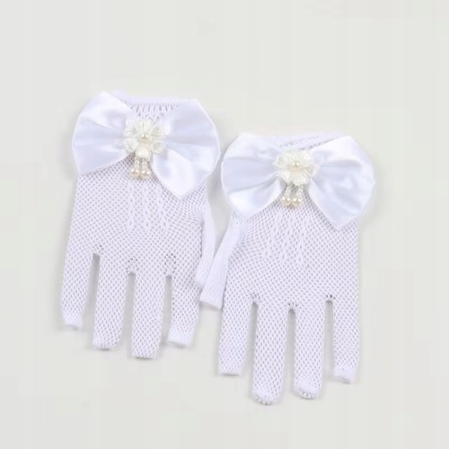 Rękawiczki Komunijne Białe Ażurowe dla Dziewczynki z Kokardką – Eleganckie Elastyczne