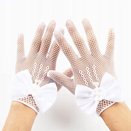 Rękawiczki Komunijne Białe Ażurowe dla Dziewczynki z Kokardką – Eleganckie Elastyczne