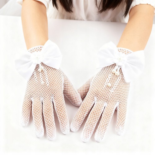 Rękawiczki Komunijne Białe Ażurowe dla Dziewczynki z Kokardką – Eleganckie Elastyczne