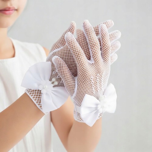 Rękawiczki Komunijne Białe Ażurowe dla Dziewczynki z Kokardką – Eleganckie Elastyczne