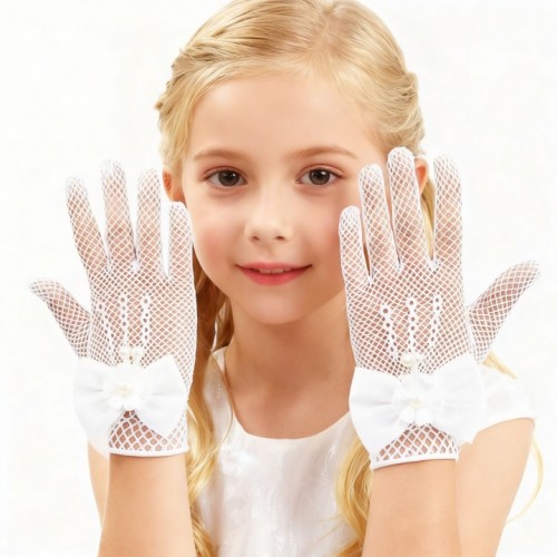Rękawiczki Komunijne Białe Ażurowe dla Dziewczynki z Kokardką – Eleganckie Elastyczne