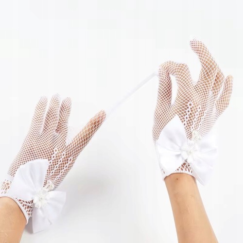 Rękawiczki Komunijne Białe Ażurowe dla Dziewczynki z Kokardką – Eleganckie Elastyczne