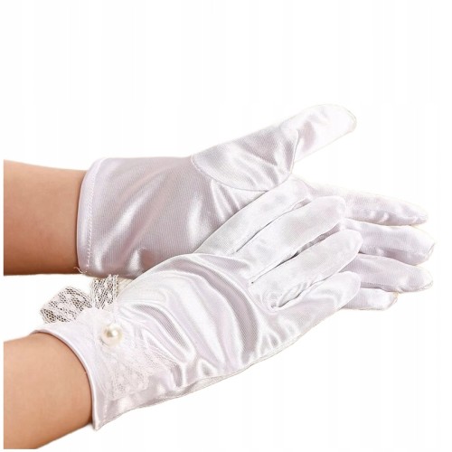 Rękawiczki Komunijne Białe dla Dziewczynki – Eleganckie Miękkie z Kokardką i Perełką