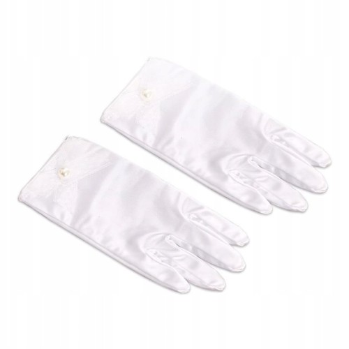 Rękawiczki Komunijne Białe dla Dziewczynki – Eleganckie Miękkie z Kokardką i Perełką