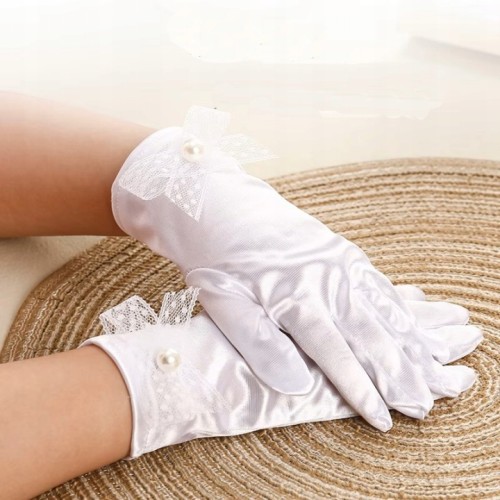 Rękawiczki Komunijne Białe dla Dziewczynki – Eleganckie Miękkie z Kokardką i Perełką