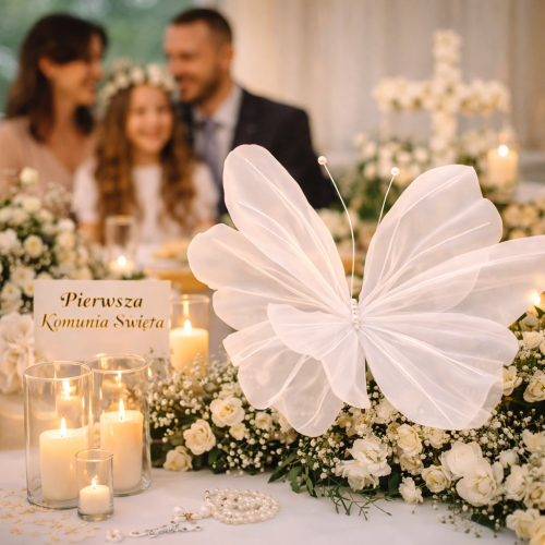 Duży Sztuczny Motyl 48 cm – Dekoracja Opalizująca na Komunię Ślub Wesele, Ogród i Sesje Zdjęciowe