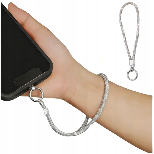Smycz do Telefonu 17 cm – Srebrny Uchwyt na Nadgarstek pod Etui Uniwersalna Smycz do Smartfona