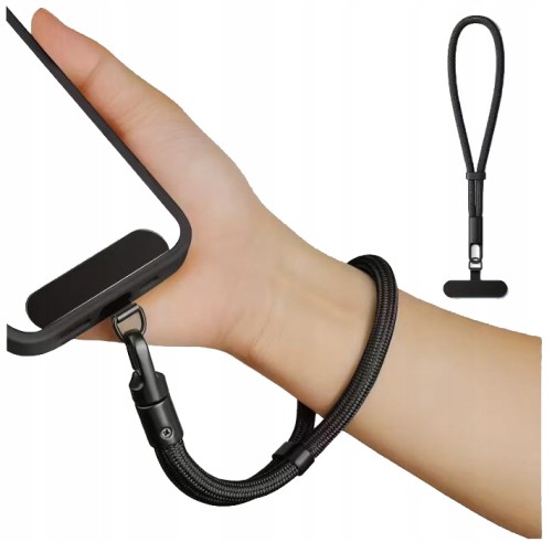 Smycz do Telefonu 19 cm Czarna – Uchwyt na Nadgarstek Sznurek pod Etui Uniwersalna