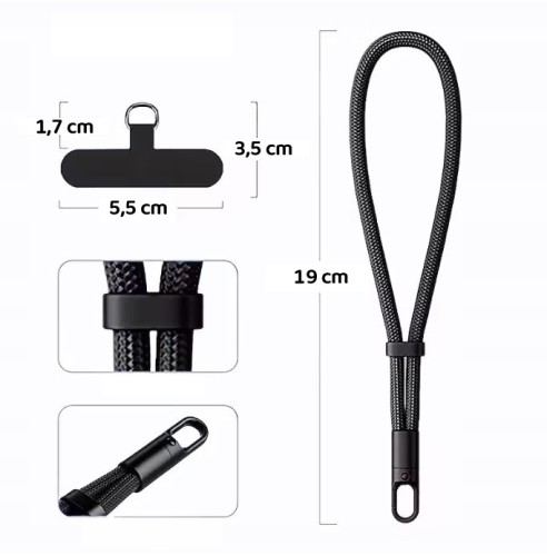 Smycz do Telefonu 19 cm Czarna – Uchwyt na Nadgarstek Sznurek pod Etui Uniwersalna