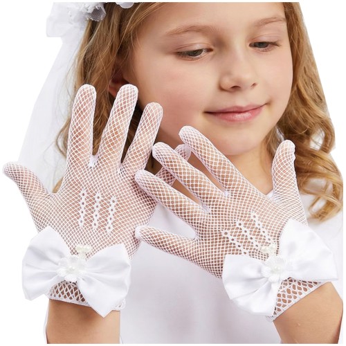 Rękawiczki Komunijne Białe Ażurowe dla Dziewczynki z Kokardką – Eleganckie Elastyczne