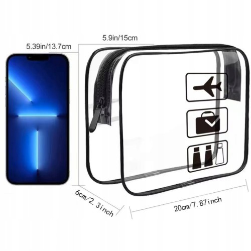 Kosmetyczka do samolotu przezroczysta, wodoodporna na kosmetyki 20x15x6 cm 