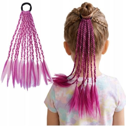 Włosy syntetyczne na gumce – 12 kolorowych warkoczy fioletowo-różowych 32 cm
