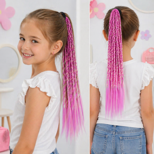 Włosy syntetyczne na gumce – 12 kolorowych warkoczy fioletowo-różowych 32 cm