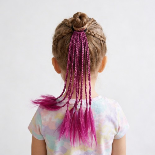 Włosy syntetyczne na gumce – 12 kolorowych warkoczy fioletowo-różowych 32 cm