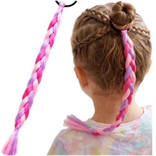 Włosy syntetyczne na gumce – kolorowy warkocz fioletowo-różowy 42 cm