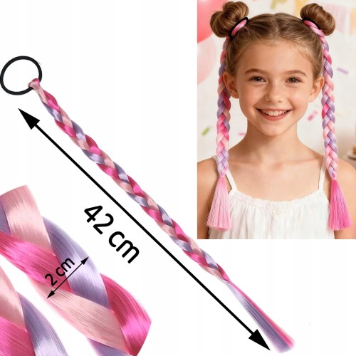 Włosy syntetyczne na gumce – kolorowy warkocz fioletowo-różowy 42 cm