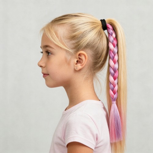 Włosy syntetyczne na gumce – kolorowy warkocz fioletowo-różowy 42 cm