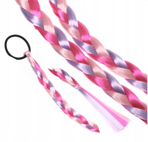 Włosy syntetyczne na gumce – kolorowy warkocz fioletowo-różowy 42 cm
