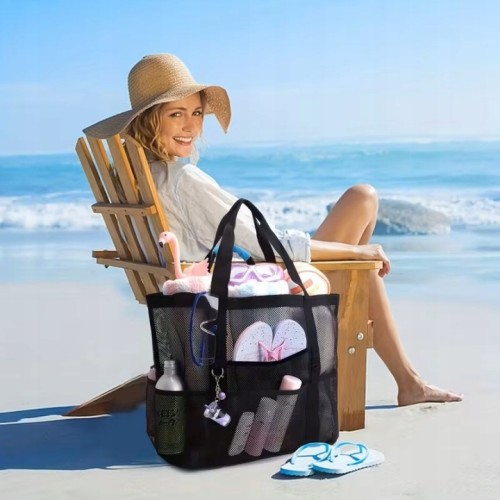 Torba plażowa duża siatka na plażę XXL siateczkowa czarna