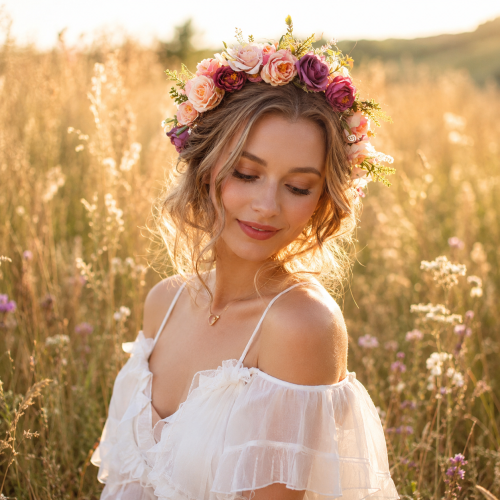 Wianek Kwiatowy Boho na Głowę – Naturalny Wygląd Kwiatów